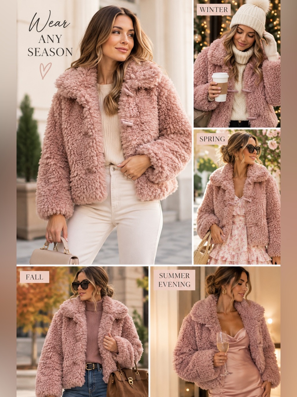 LC Lauren Conrad Blush Pink Teddy Faux Fur Toggle Jacket L NWOT